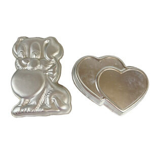 Lot Of 2 Vintage Wilton Dog Aluminum Cake Pan 1987 & Double Heart Cake Pan 1979